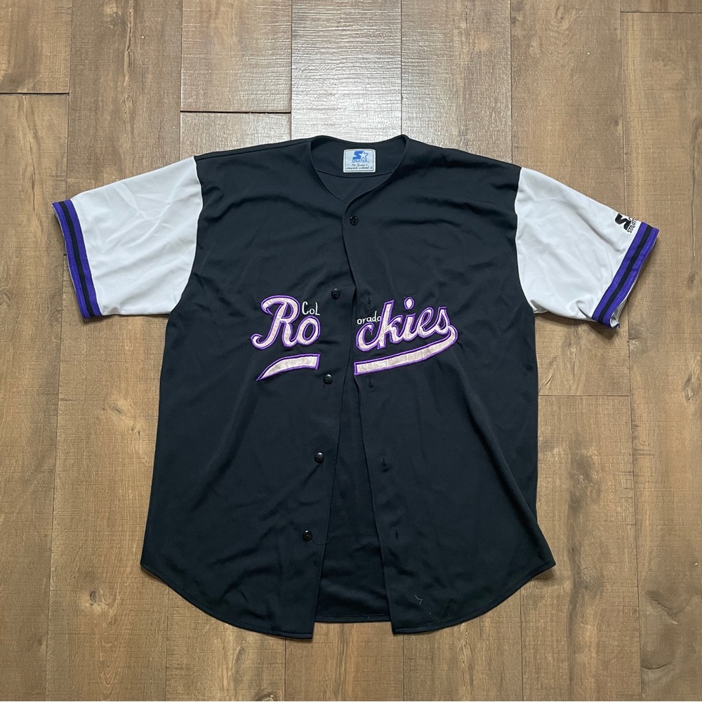 Vintage Colorado Rockies Majestic BLK WHT PUR MLB Jersey Fleece Mens XL